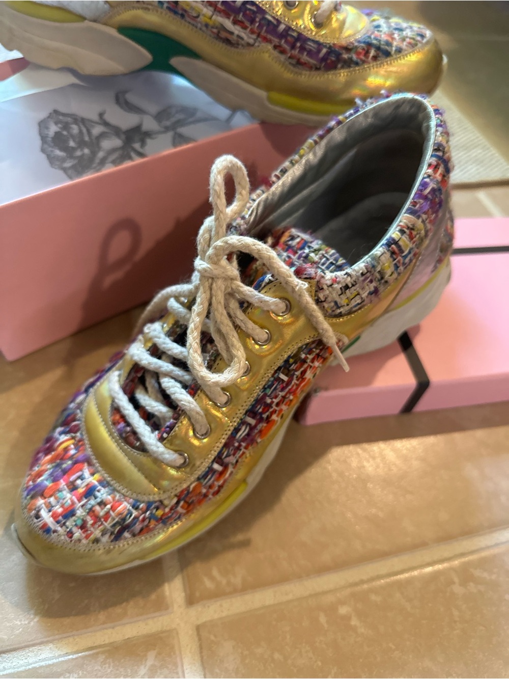 CHANEL Multicolor Tweed and Gold Leather Sneakers - Picture 3 of 7